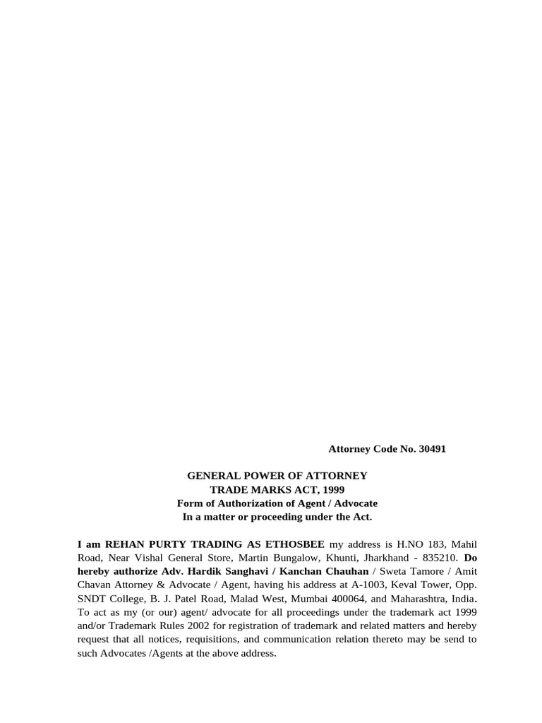 General Power of Attorney for Trademark | PDF