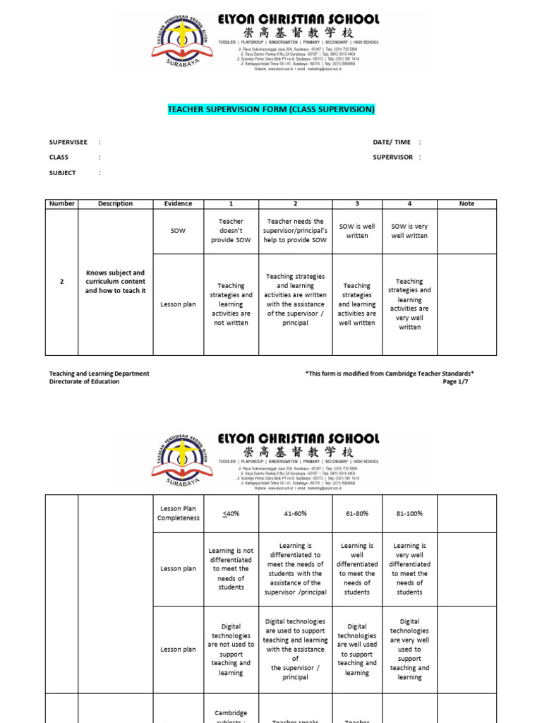 Teacher Supervision Evaluation Form | PDF | Teachers | Lesson Plan