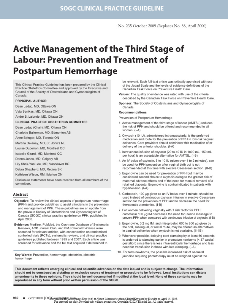 Leduc. Active MGT of 3rd Stage Labor | PDF | Childbirth | Obstetrics
