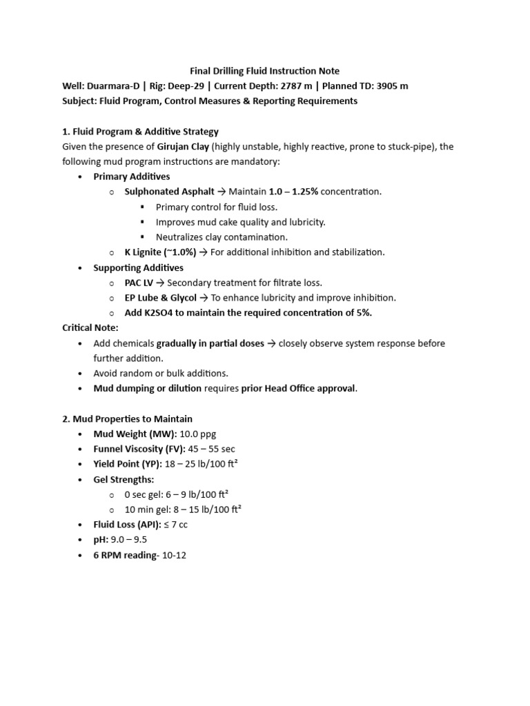 Final Drilling Fluid Instruction Note | PDF