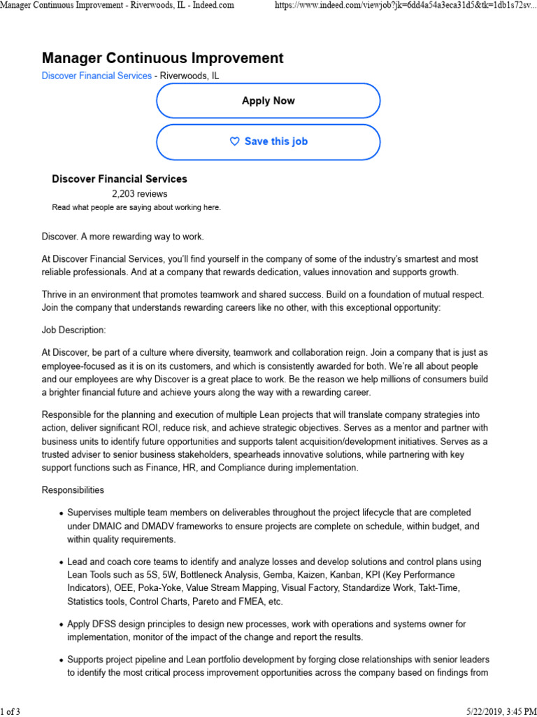 Manager of Continuous Improvement Role | PDF | Lean Manufacturing | Six ...