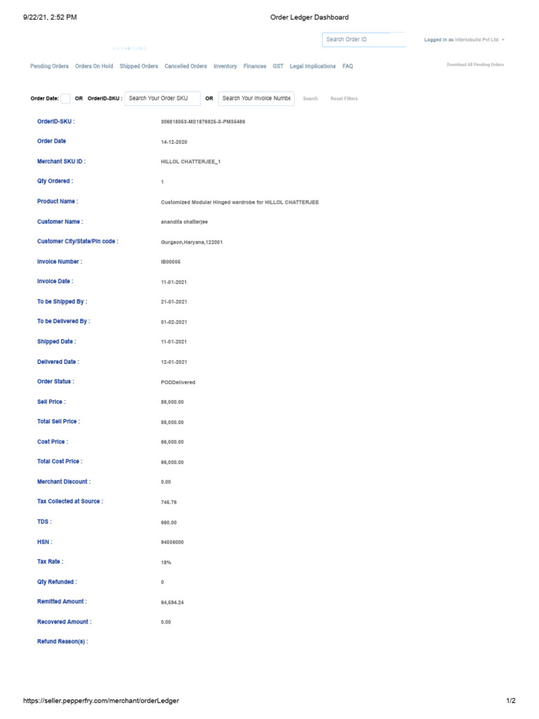 Order Ledger Dashboard Overview | PDF | Payments | Taxes