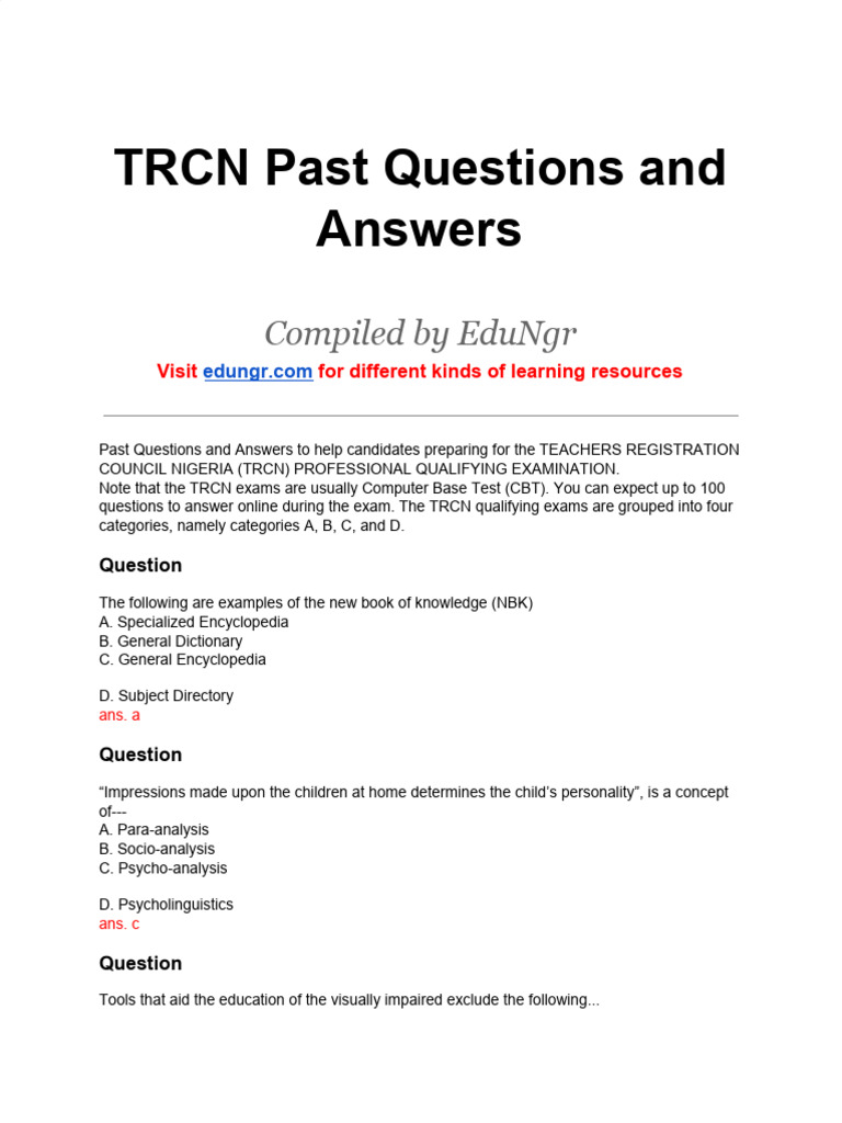 TRCN Past Questions & Answers Guide | PDF | Level Of Measurement ...