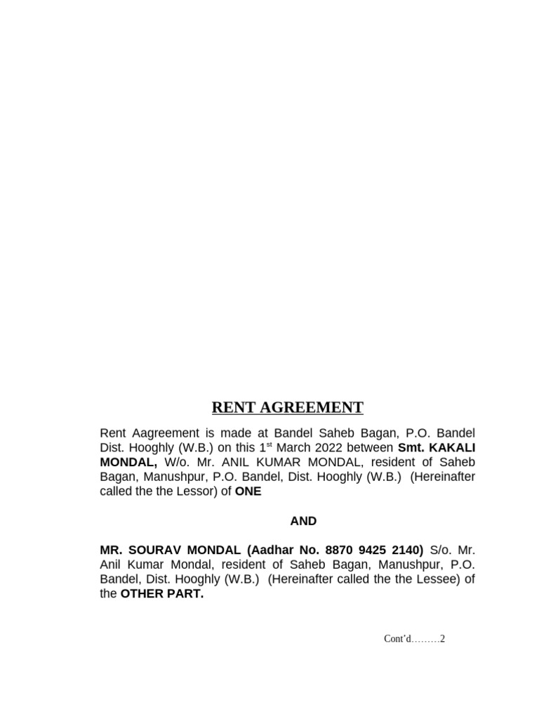 Rent Agreement for Saheb Mondal | PDF | Lease | Urban