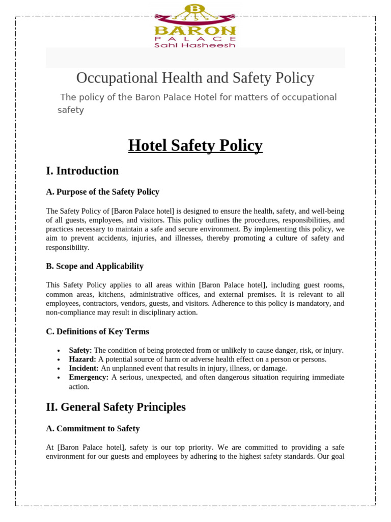 Hotel Health and Safety Policy | PDF | Occupational Safety And Health ...