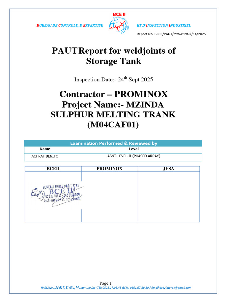 14 PAUT Report for 24th Sept 2025-Prominox Tank | PDF | Electromagnetic ...