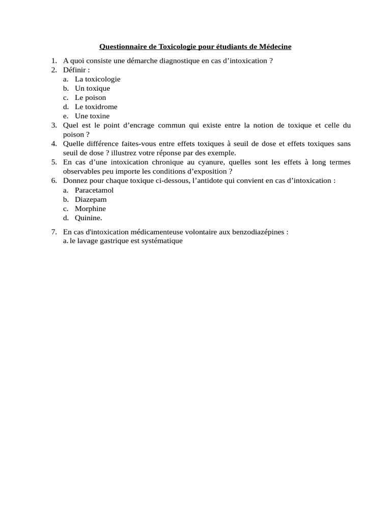 Questionnaire de Toxicologie Médicale | PDF