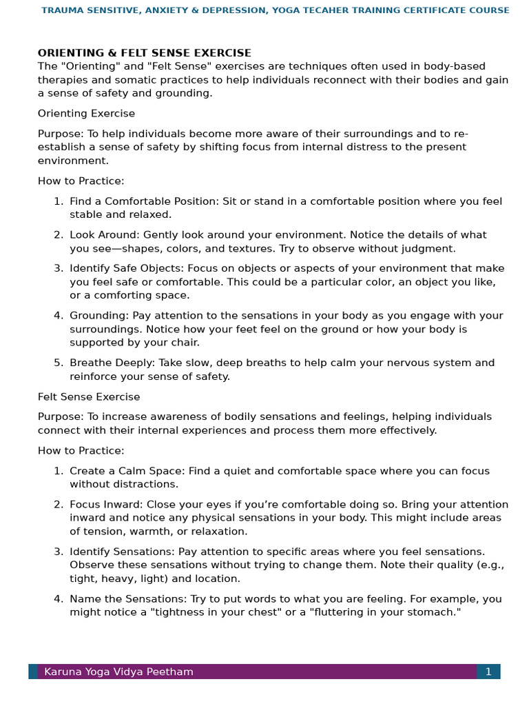 Orienting & Felt Sense Exercises Guide | PDF | Senses | Psychological ...