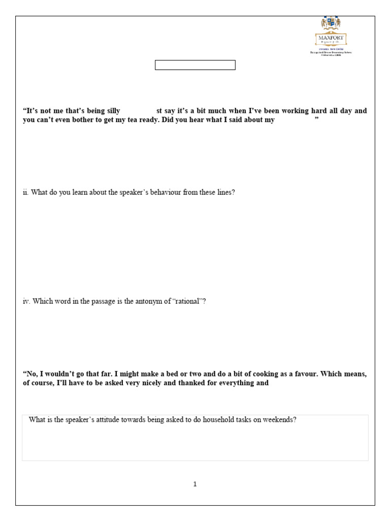 MSD Xi English Core Ut 2 Ws 3 | PDF