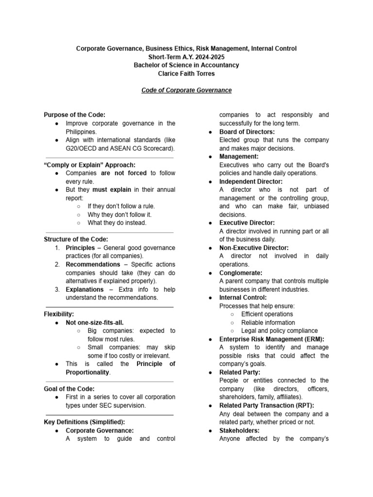 Corporate Governance Code Overview | PDF | Internal Audit | Audit