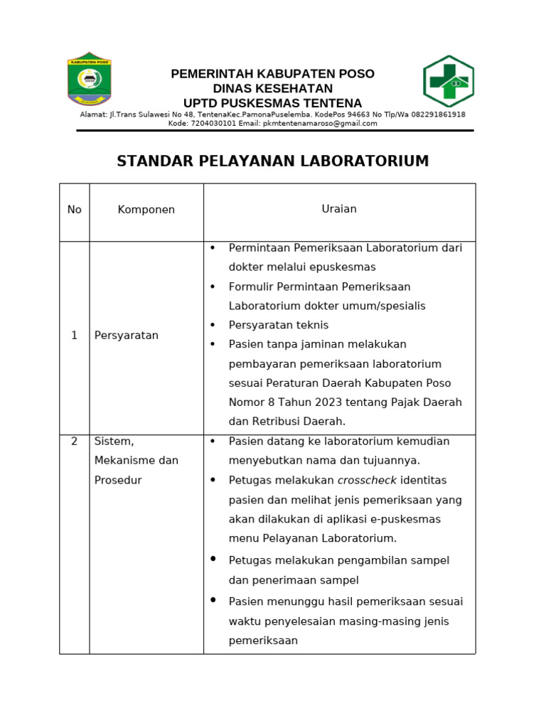 Standar Pelayanan Laboratorium Puskesmas Tentena | PDF