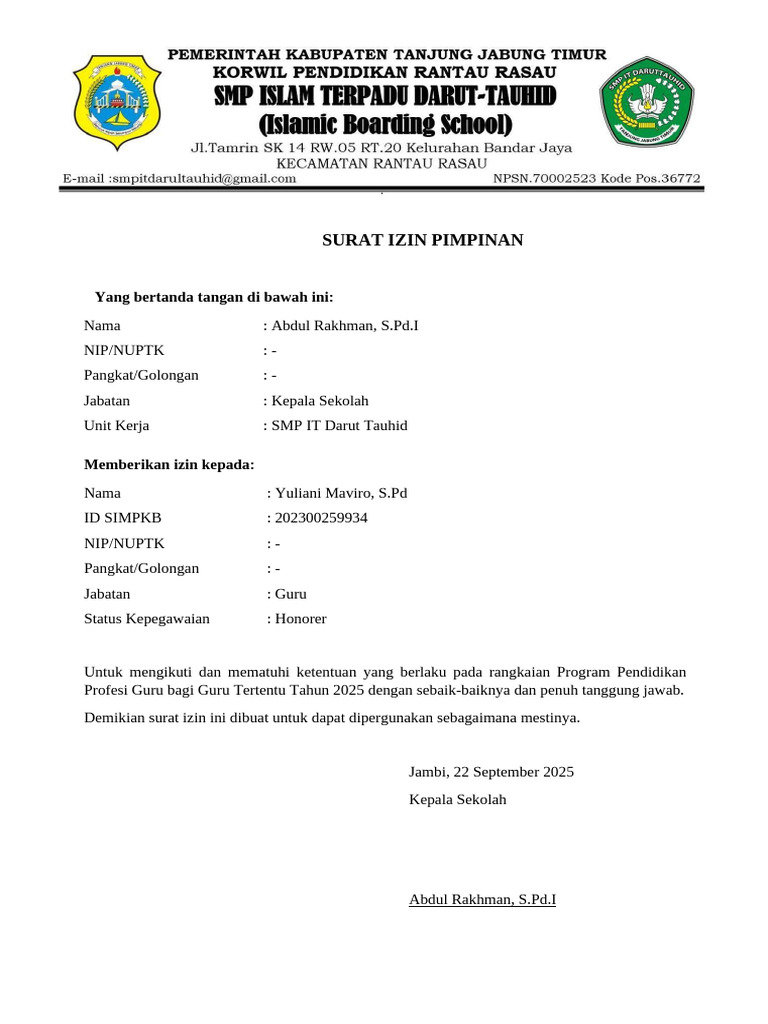Surat Izin Program Pendidikan Guru 2025 | PDF