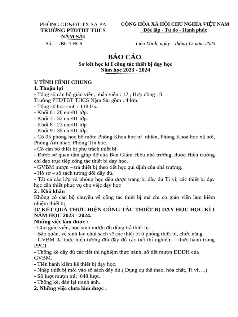 Bao Cao Sơ Kết Học Kì 1 Thiet Bi 2023-2024 | PDF