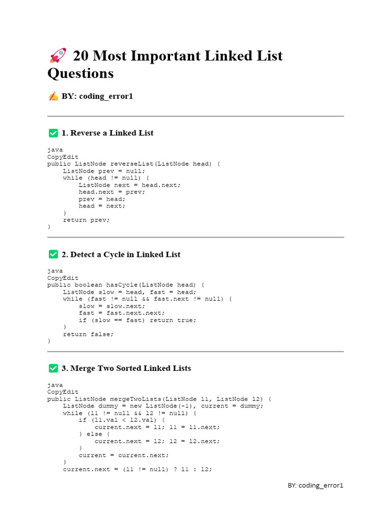 Top 20 Linked List Interview Questions | PDF | Integer (Computer ...