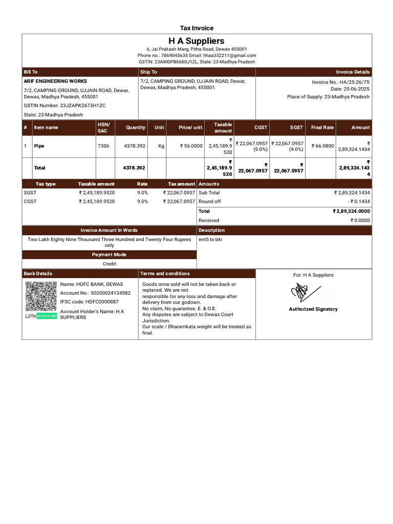 Tax Invoice for H A Suppliers | PDF | Invoice | Taxation