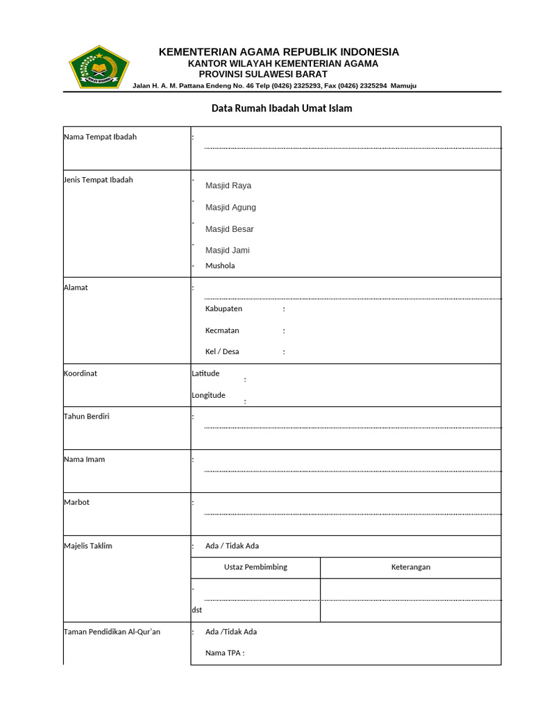 Data Rumah Ibadah Umat Islam Sulbar | PDF