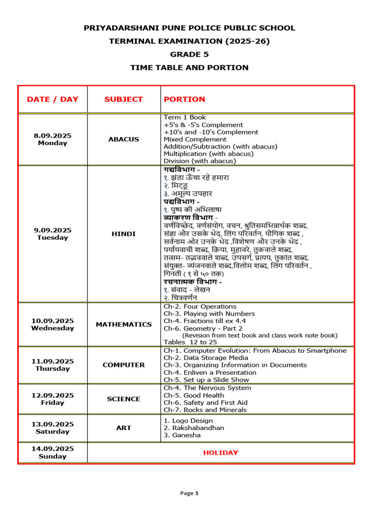 Grade 5 Terminal Exam Time Table & Portion 2025-26-1 | PDF