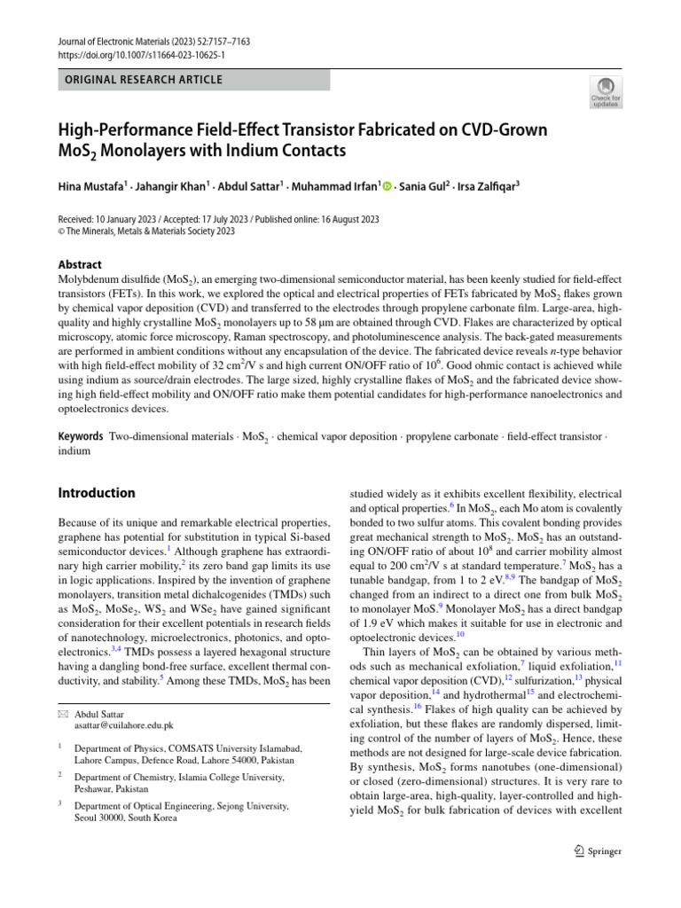 High-Performance Field-Effect Transistor Fabricated On CVD-Grown MoS2 ...