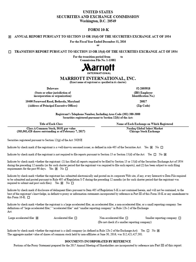 Final 2016 10K Marriott | PDF | Form 10 K | Marriott International