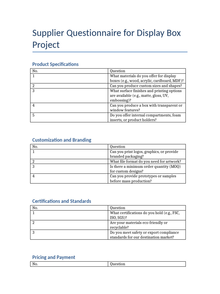 Supplier Questionnaire Display Box Tables | PDF