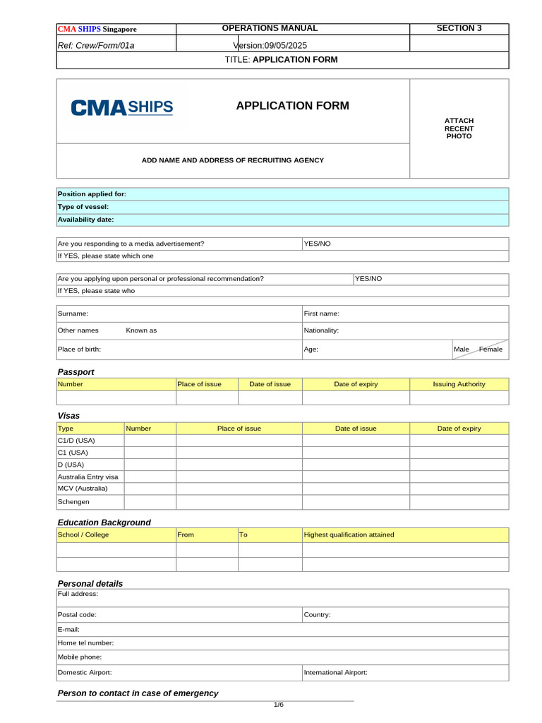 Crew Form 01a Application Form | PDF | Shipping | Water Transport
