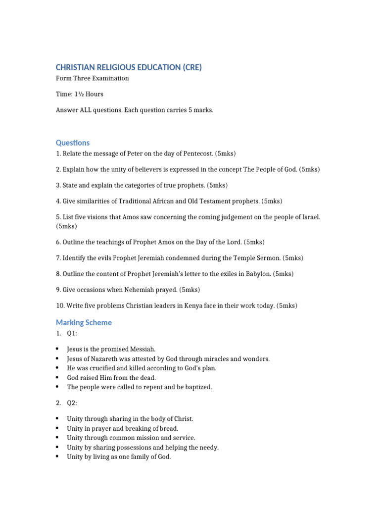 CRE Form3 Exam With MarkingScheme-1 | PDF | Prophet | Jesus