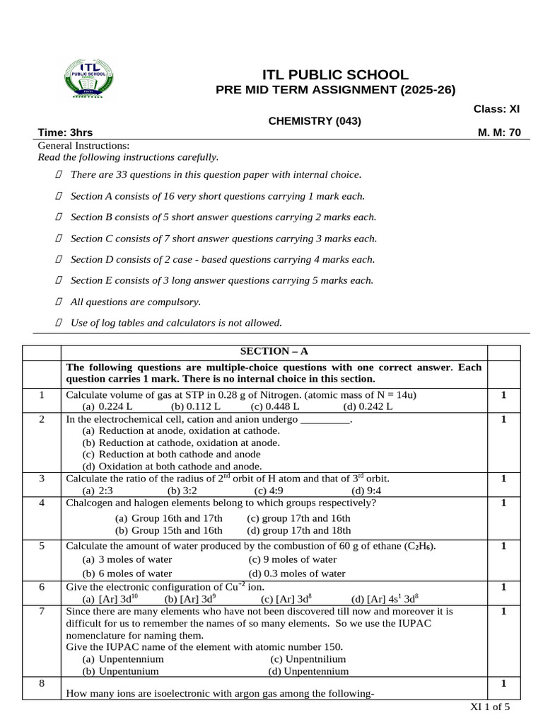 Class XI Chemistry Pre Mid Term Assignment | PDF | Chemical Bond ...