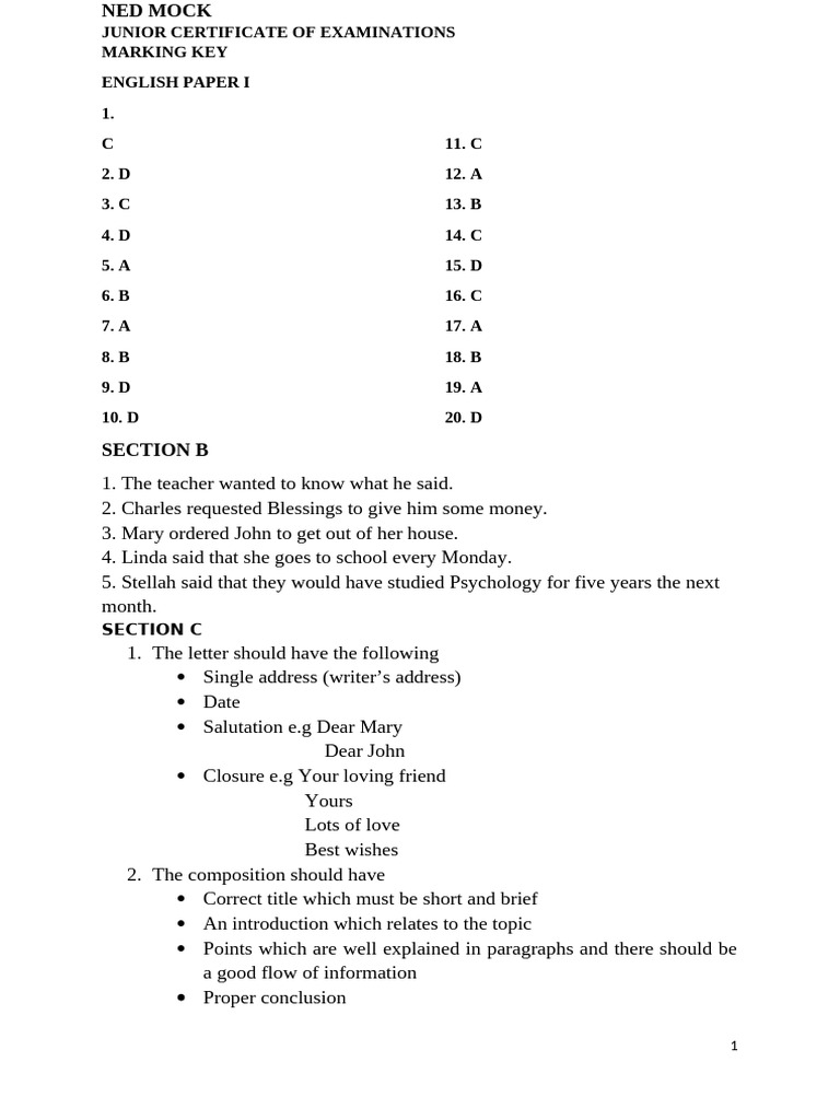 Junior Certificate English Marking Key | PDF