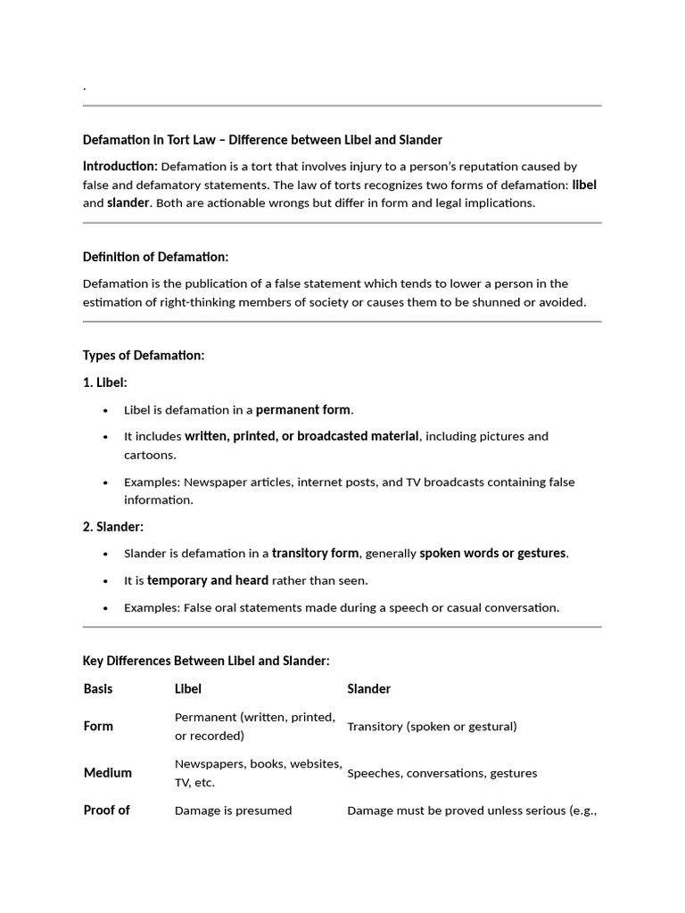 Defamation: Libel vs. Slander Explained | PDF | Defamation | Tort