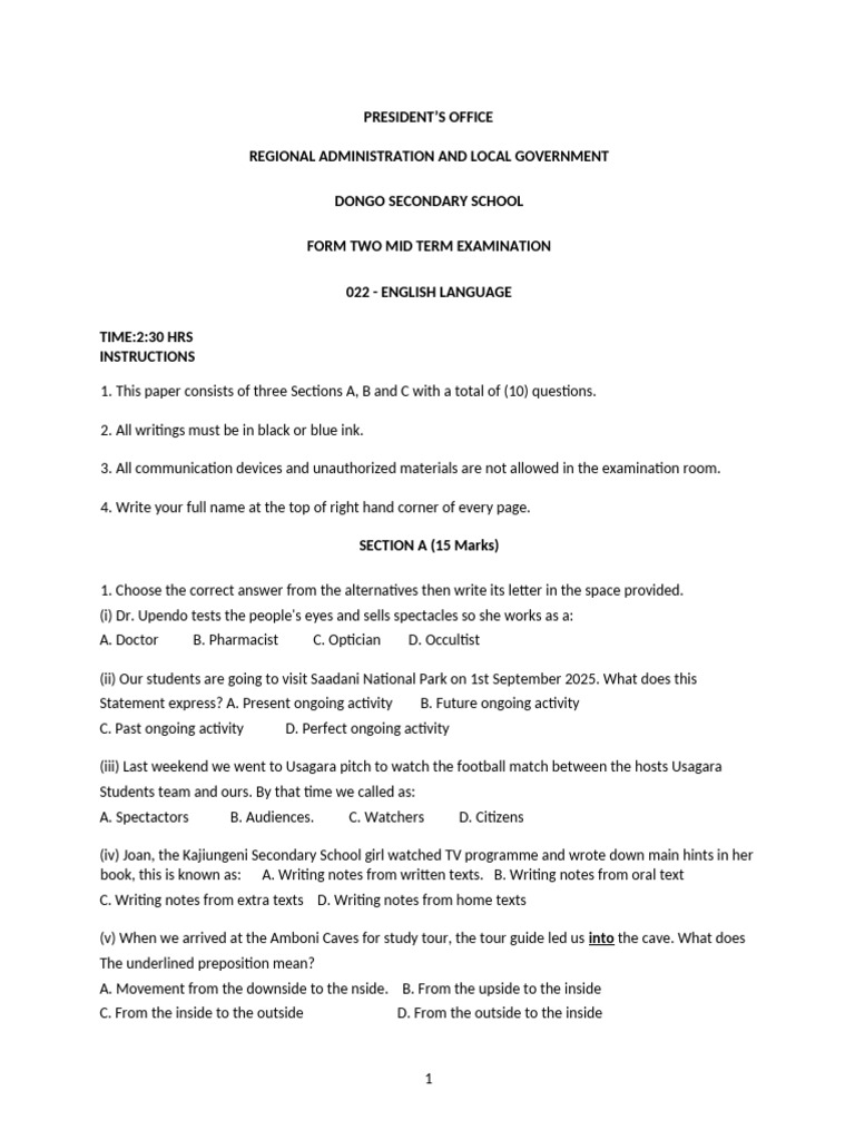 Form Two English Language Exam Guide | PDF | Poetry