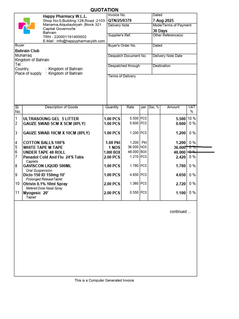 Bahrain Pharmacy Quotation Invoice | PDF | Invoice | Value Added Tax