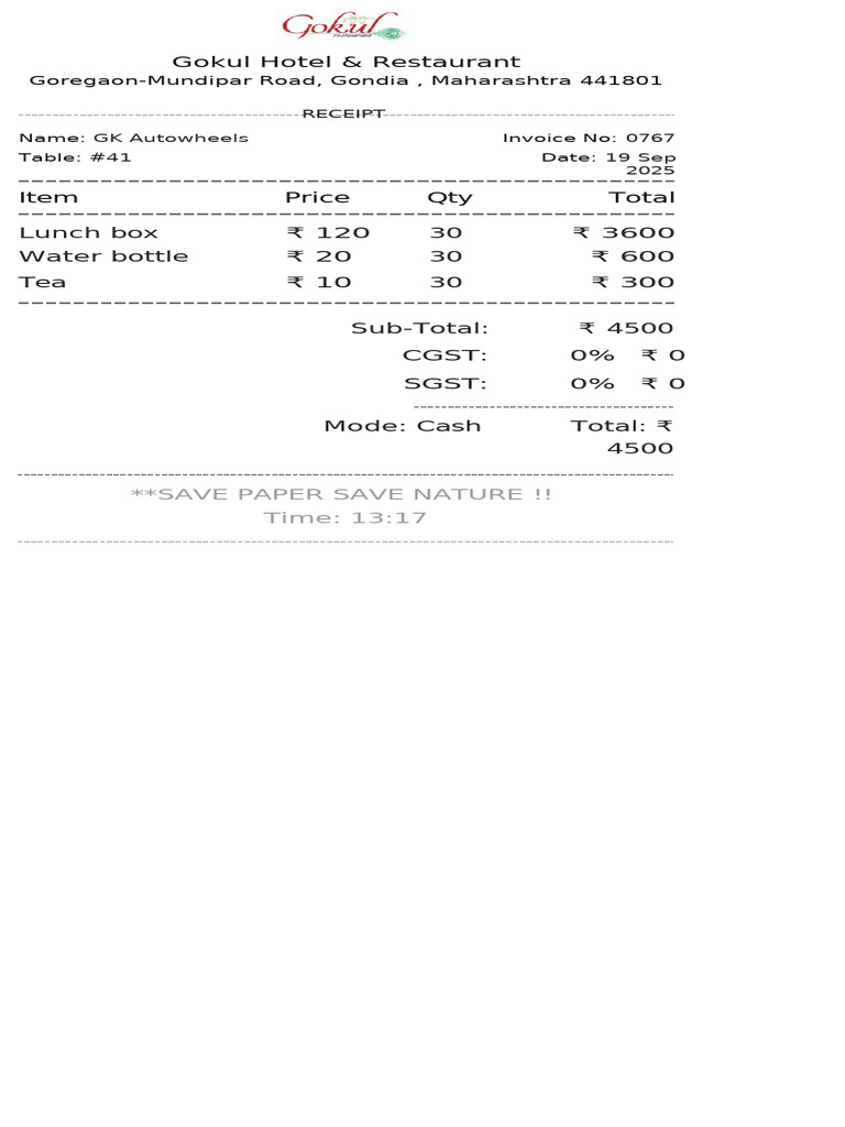 Gokul Hotel Receipt for GK Autowheels | PDF