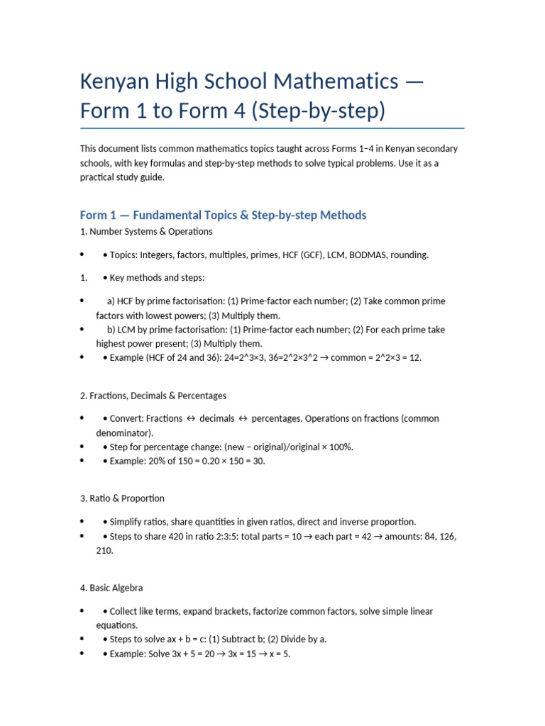 Kenyan High School Math Form 1-4 Guide | PDF | Factorization | Area