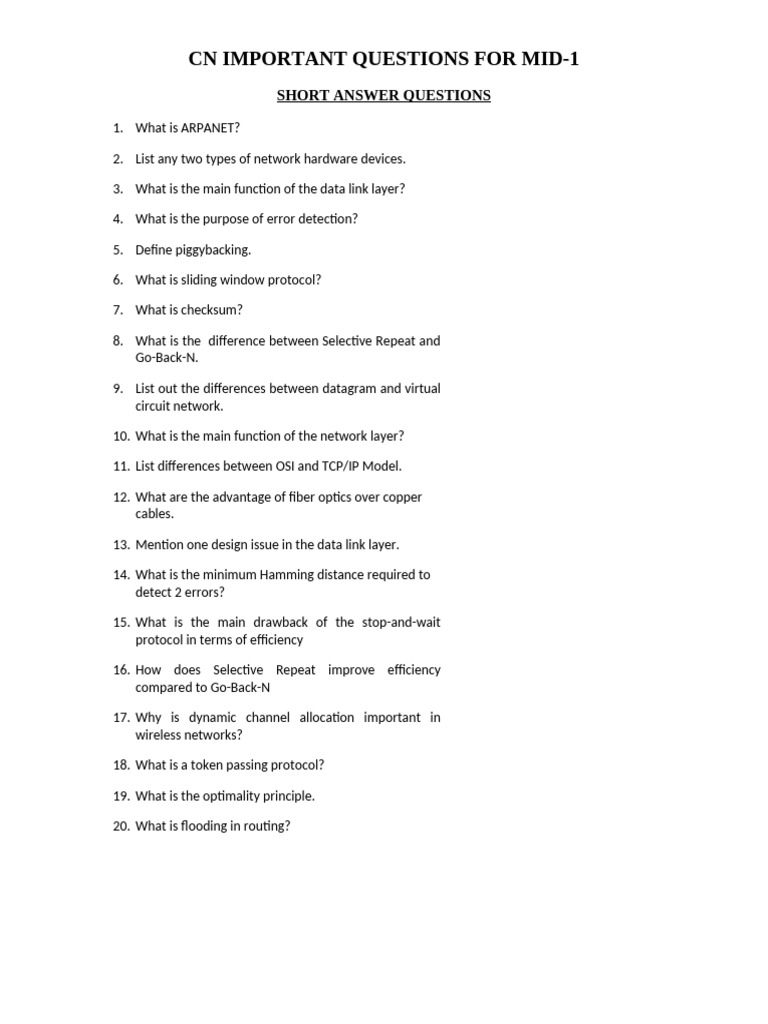 CN Important Questions For Mid-1 | PDF