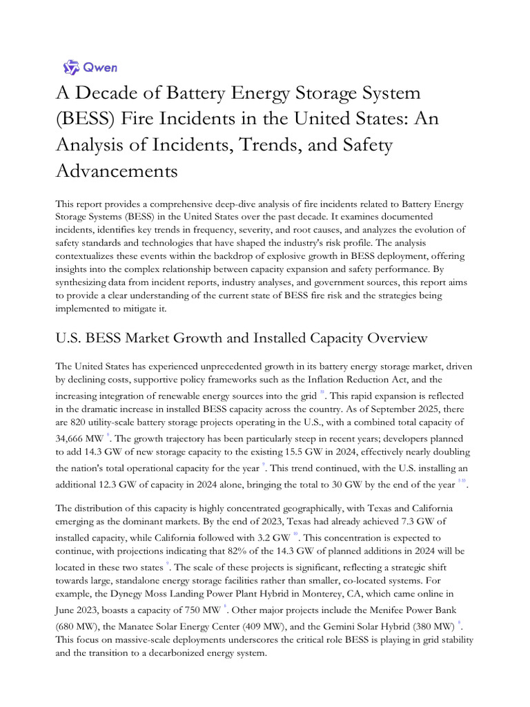 U.S. BESS Fire Incidents Analysis 2013-2025 | PDF