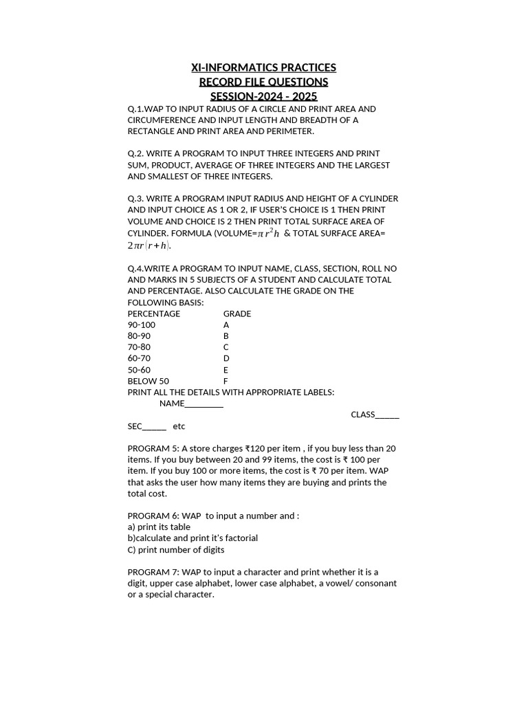 Informatics Practices Record File 2024 | PDF | Area