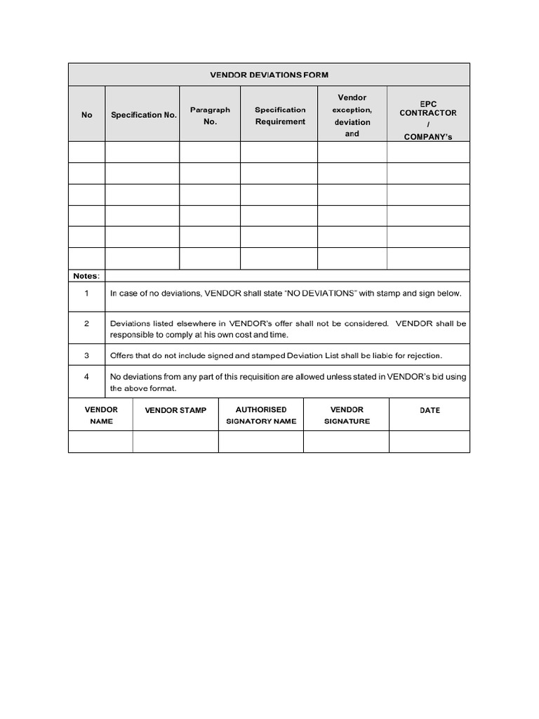 Vendor Deviaiton Form | PDF