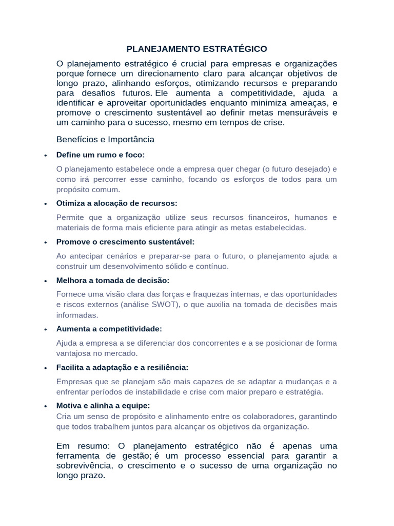 Importância do Planejamento Estratégico | PDF