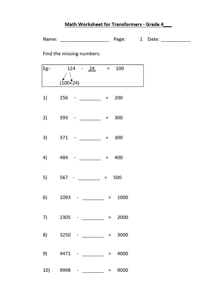 Grade 4 Math Worksheet: Missing Numbers | PDF