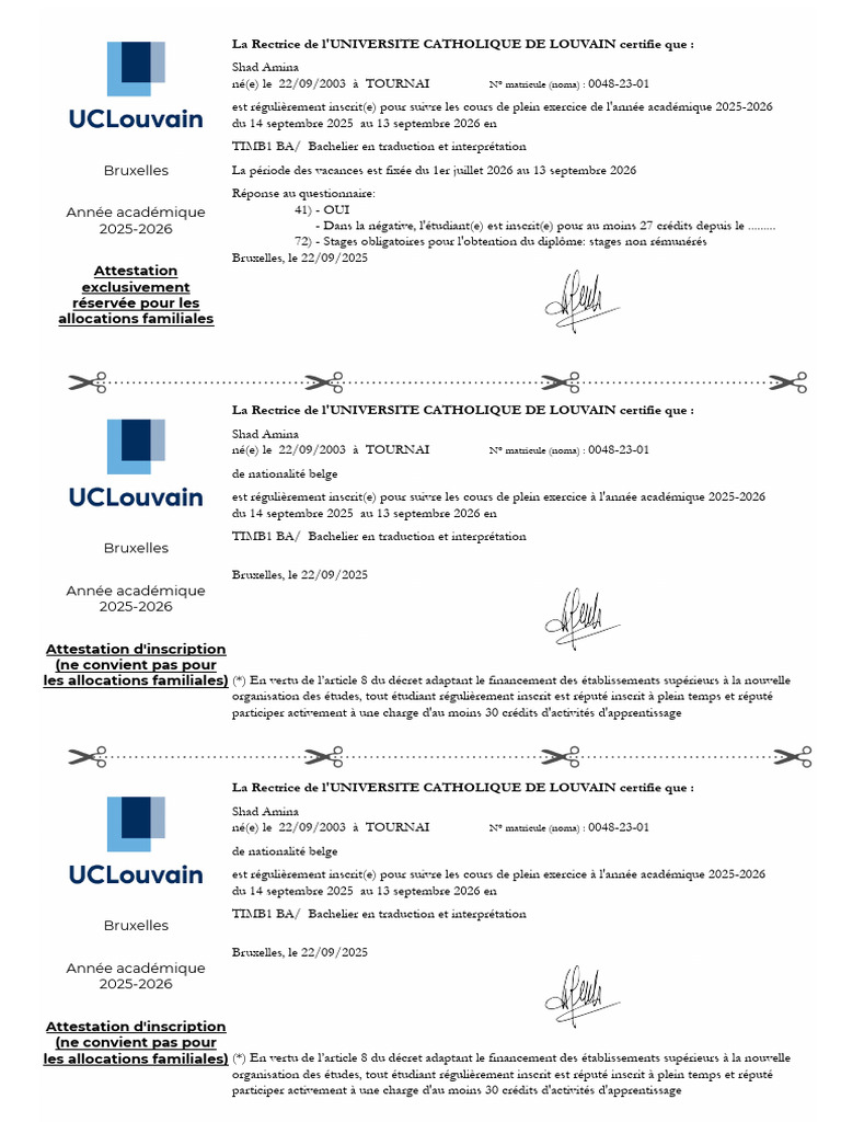 Attestation d'inscription UCL 2025-2026 | PDF
