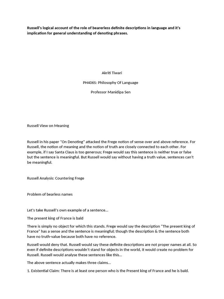Russell's Analysis of Definite Descriptions | PDF | Gottlob Frege ...