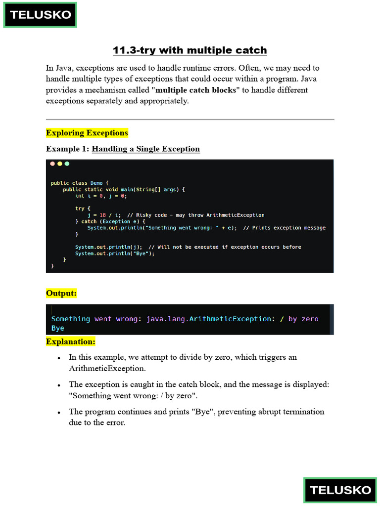 Java Multiple Catch Blocks Explained | PDF | Software Development ...