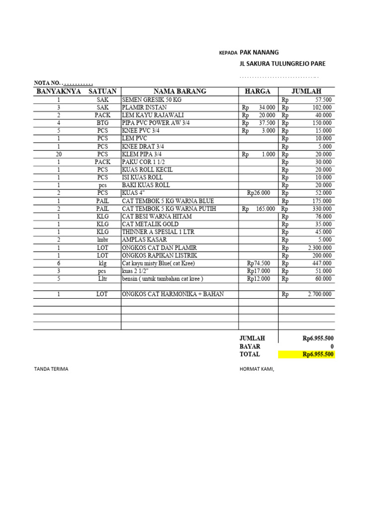 Nota Cat Pak Nanang | PDF