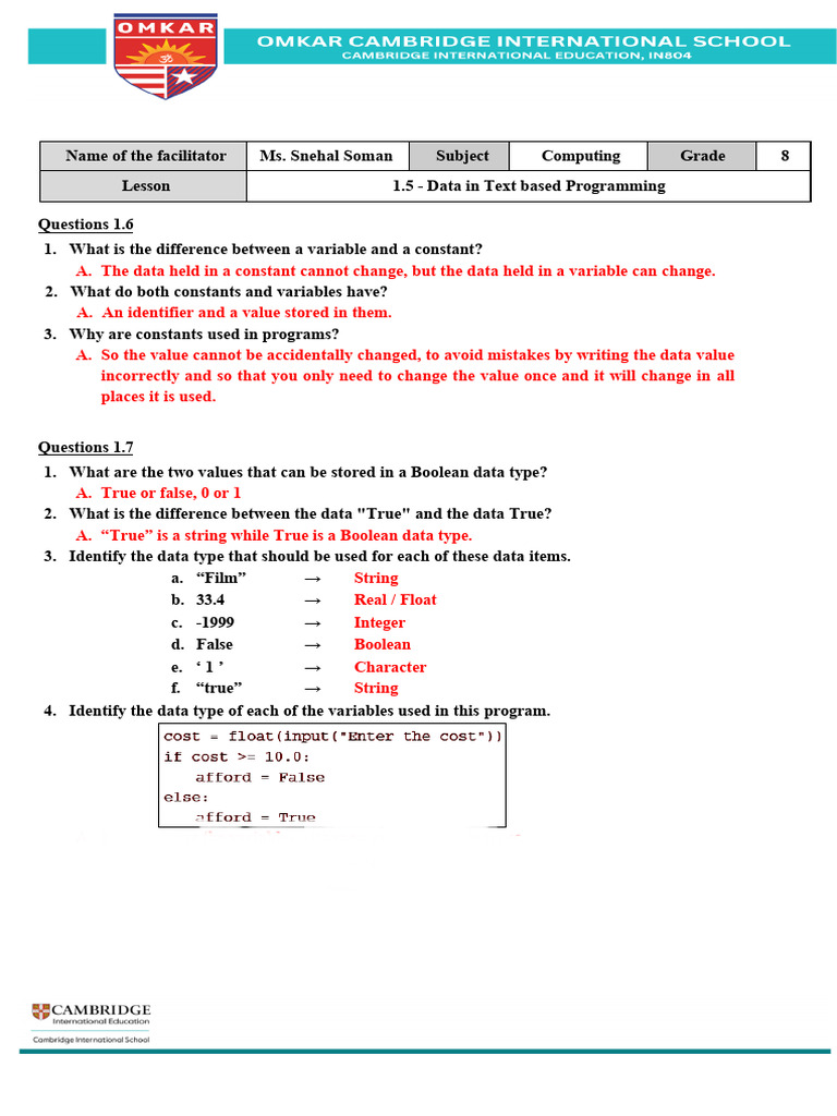 Grade 8 CHP 1.5 Data in Text Based Programming | PDF