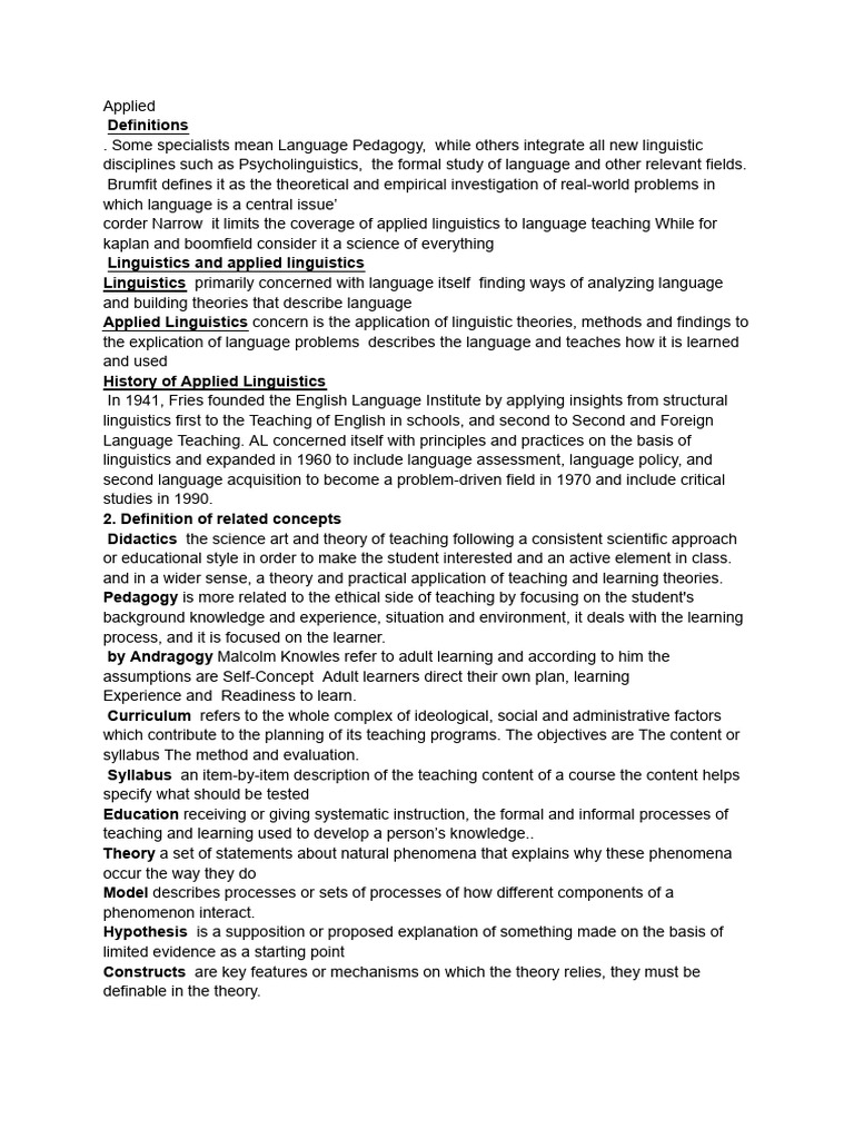 Overview of Applied Linguistics Concepts | PDF | Second Language ...