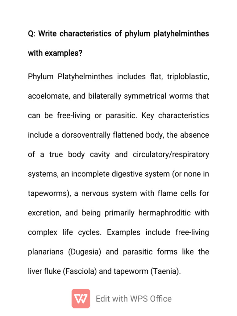 Characteristics and Examples of Platyhelminthes | PDF | Biology | Zoology