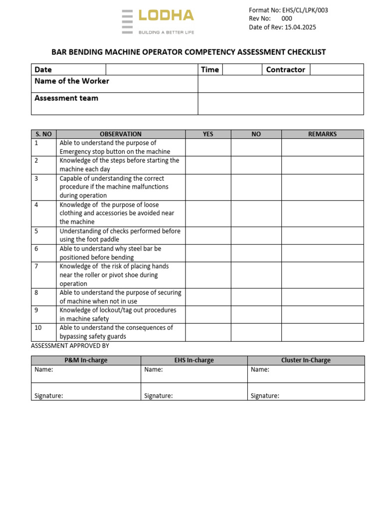 Bar Bending Machine Operator Assessment | PDF