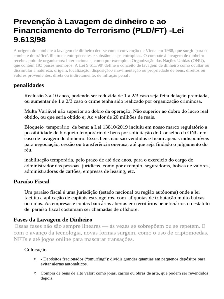 Lei 9.613/98: Combate à Lavagem de Dinheiro | PDF | Lavagem de dinheiro ...
