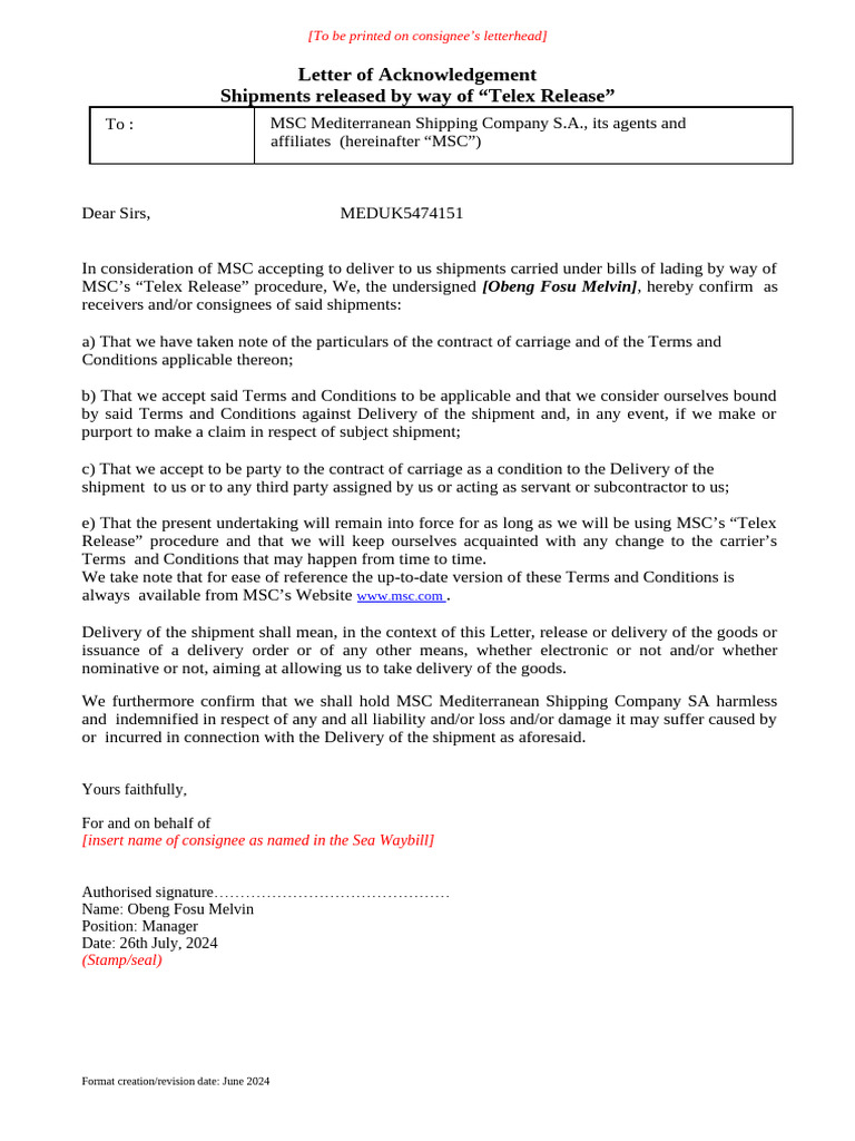 Telex Release Acknowledgement Letter | PDF