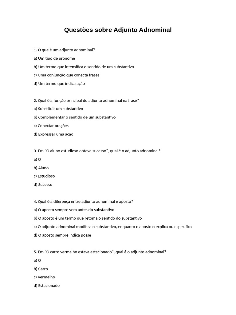 Exercícios sobre Adjunto Adnominal | PDF | Substantivo | Assunto ...